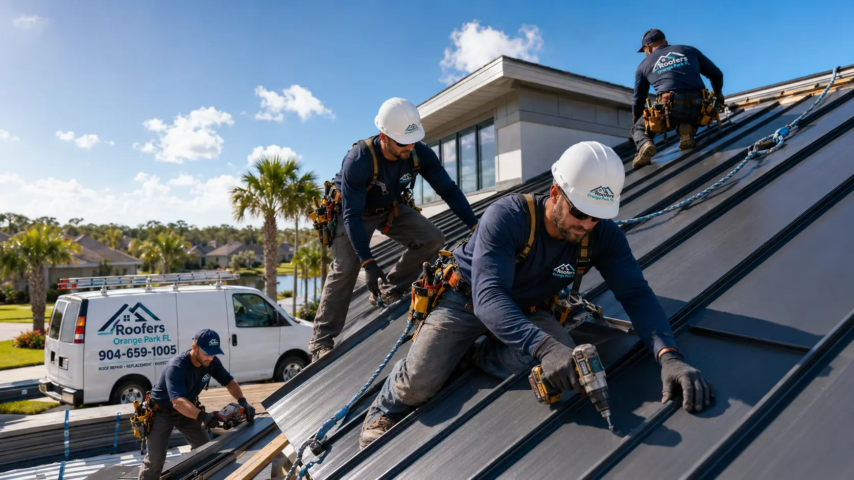 Roofers Orange Park FL roofing crew installing a metal roof
