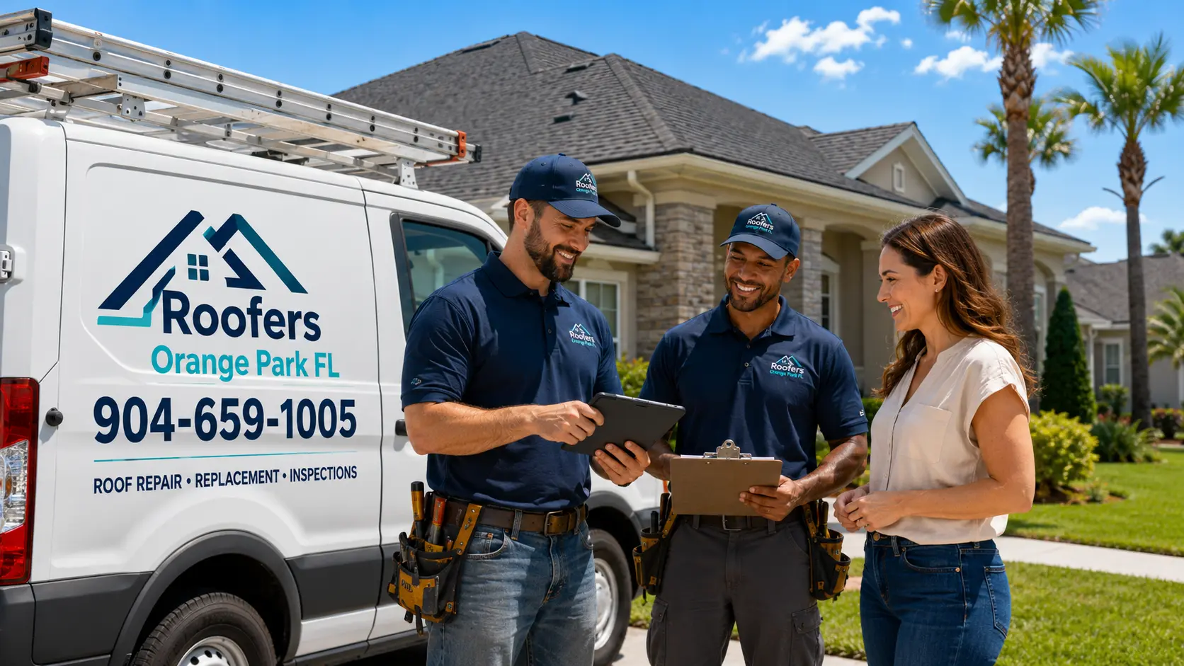 Roofing specialist reviewing project options with an Orange Park homeowner
