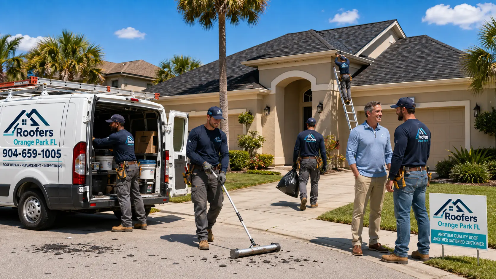 Roofers Orange Park FL crew cleaning up after a completed residential roof project