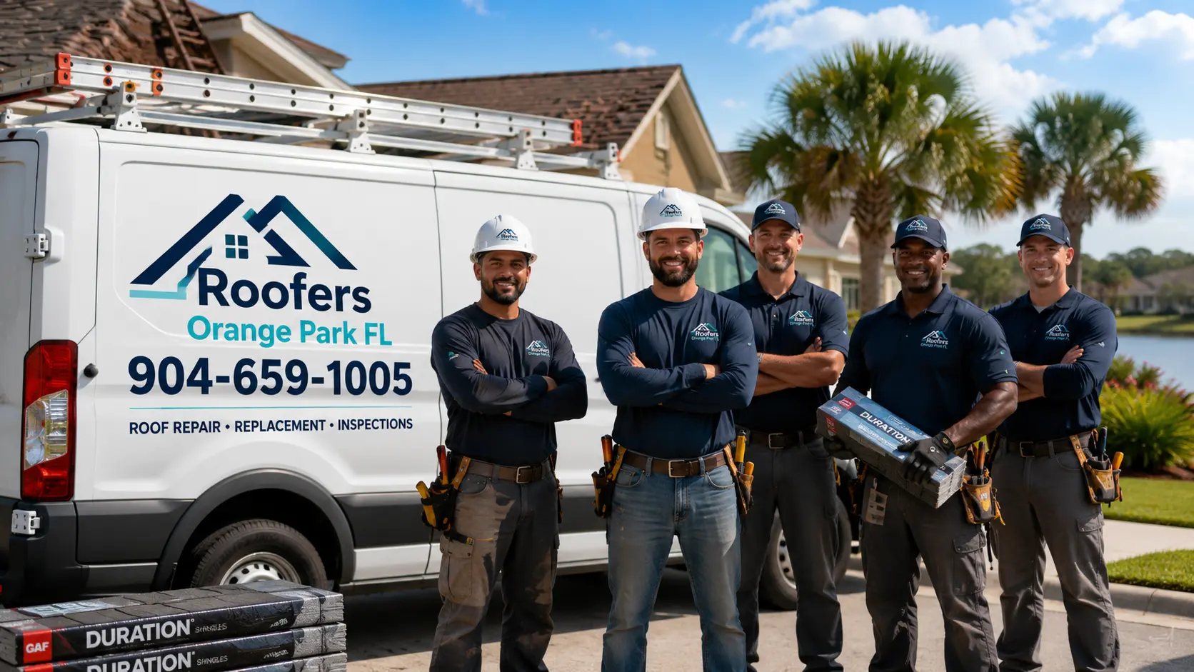 Roofers Orange Park FL roofing crew standing with the company van at a Clay County home