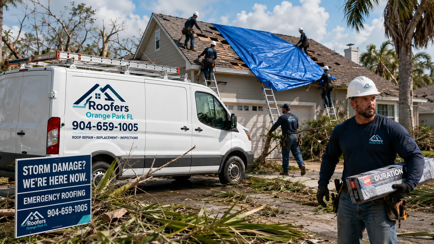 Roof repair crew tarping storm damage on a home in Orange Park Florida